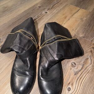 Vince Camuto Black Leather Combat Moto Boots with Gold Zippers